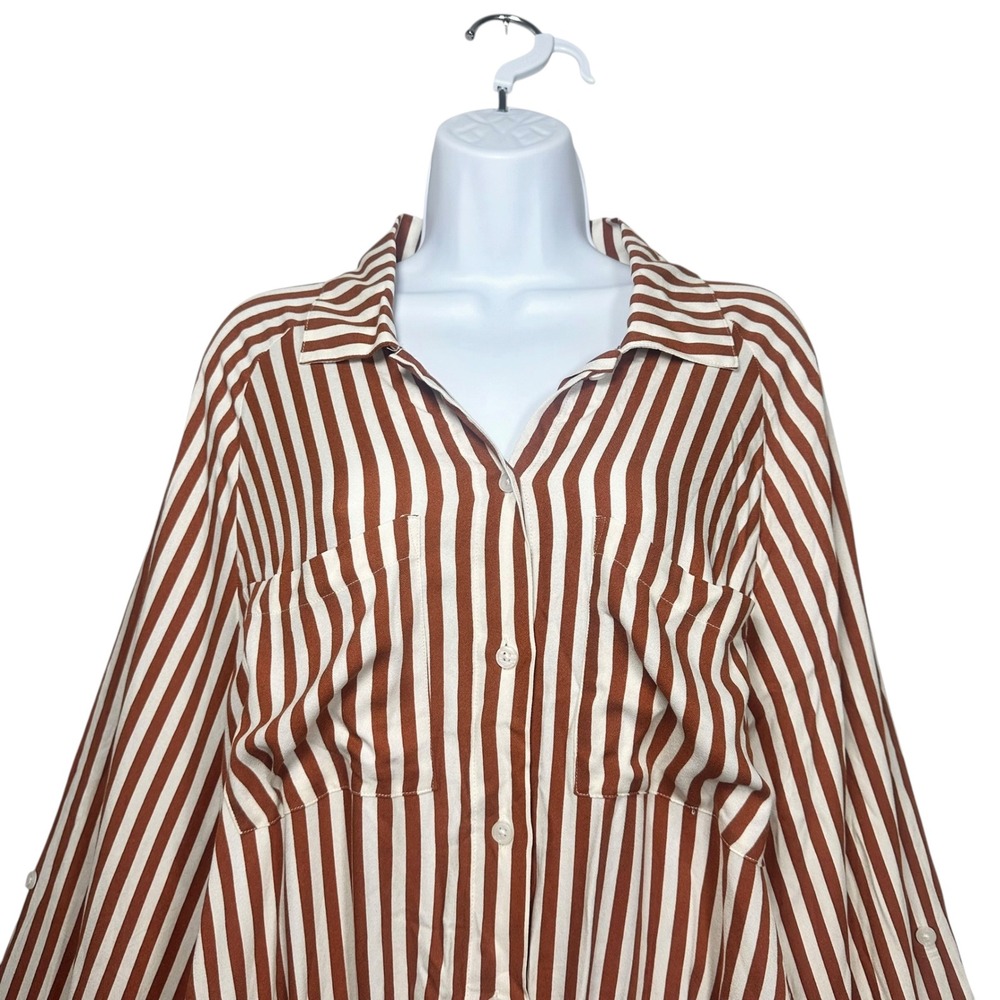 LNA Evereve Alpine Striped Button Down Shirt Drawstring Hem Brown Ivory L NWT - Picture 5 of 13